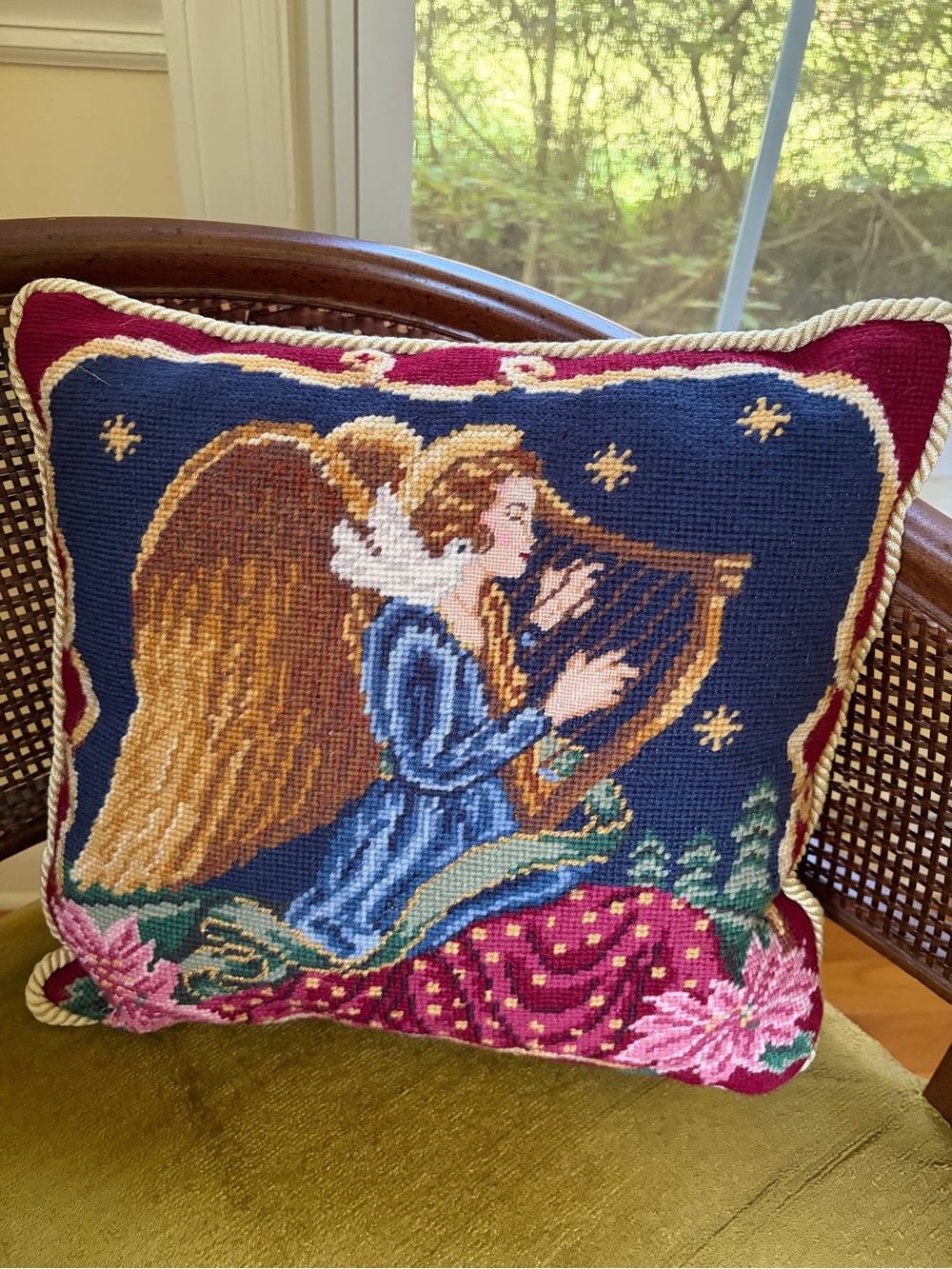 Needlepoint Angel Harp Holiday Pillow with red velvet back 13x13